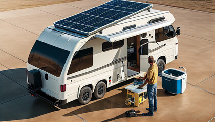 Men power washing his camper van with solar panels on roof, generative ai