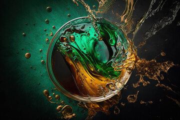 Top view of Splash of Refreshing glass of green beer with foam and bubbles, St Patrick's Day , Irish Traditions. AI Generative