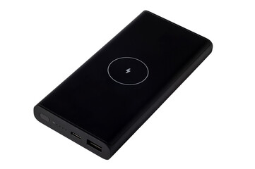 Black power bank with wireless charging sign, side with connectors and buttons - obrazy, fototapety, plakaty