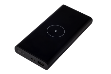 Black power bank with wireless charging sign, side with connectors and buttons