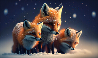 A family of red foxes playing in the snow