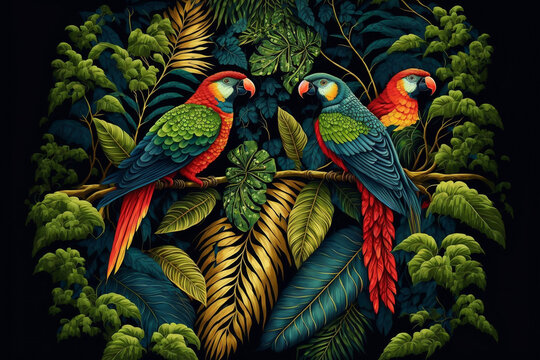 Illustration of a tropical rainforest with parrots. Generative AI.