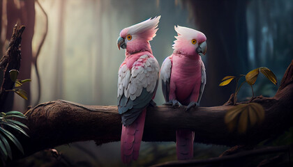 Two pink parrots sitting on branch with forest in background, generative ai