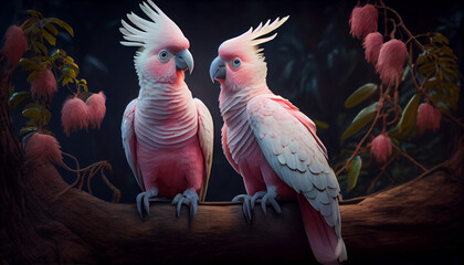 Two pink parrots sitting on branch with forest in background, generative ai