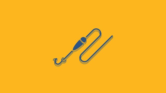 Blue Fishing line with hook and float icon isolated on orange background. Fishing tackle. 4K Video motion graphic animation