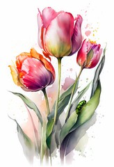 Watercolor painting of tulip flower and caterpillar. white background