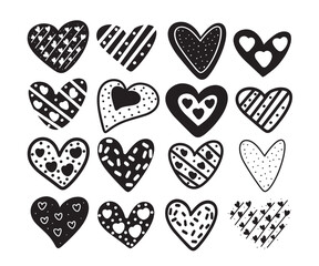 Vector graphics big set icons black silhouette heart different sketches polka dots specks blots doodle hearts