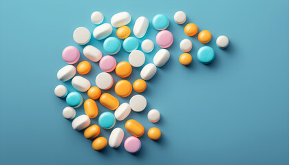 3d render of a group of pills and capsules in different colors with space for text