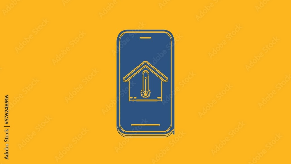 Poster blue mobile phone with house temperature icon isolated on orange background. thermometer icon. 4k vi