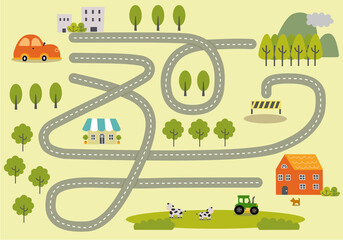 Maze puzzle game for children with cute car, houses and trees. Kids labyrinth puzzle. Maze activity sheet for children.
