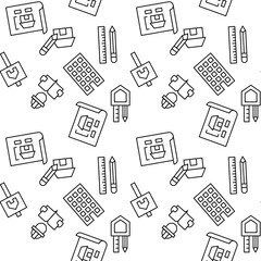 Vector seamless pattern of apartment building, construction worker, instruction, liner, pencil is made of various element
