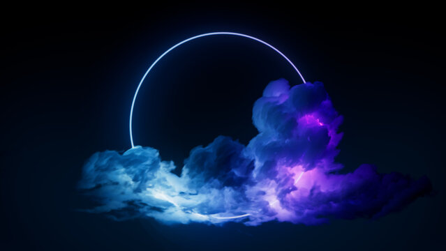 Cloud Formation Illuminated With Blue And Purple Fluorescent Light. Dark Environment With Circle Shaped Neon Frame.