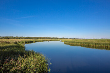 Ein Fluss fliesst durch die Weite einer norddeutschen Weidelandschaft