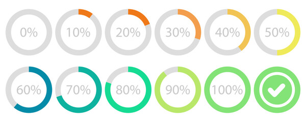 Set of colored round progress bar. Timer icon with ten percent interval. Download display.