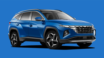 Fototapeta na wymiar Realistic vector SUV with blue color and background and front view 