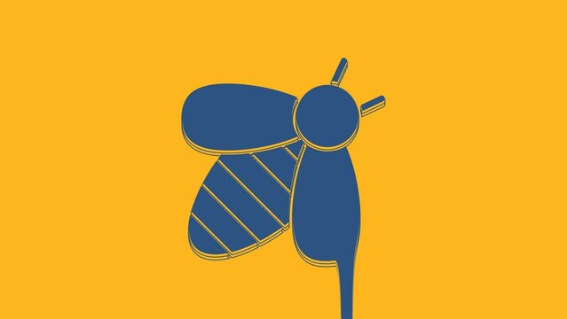 Blue Bee icon isolated on orange background. Sweet natural food. Honeybee or apis with wings symbol. Flying insect. 4K Video motion graphic animation