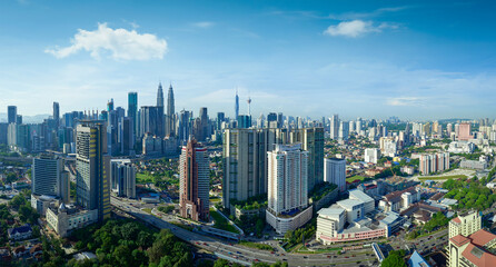 Fototapeta na wymiar Panorama aerial morning view of beautiful Kuala Lumpur city skyline