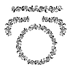 Set Elegant floral frame, border, branch silhouette in hand drawn doodle style isolated on white background. Wreath decoration, delicate clip art