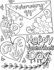 February 14, Be Mine and Love You font with letter, heart tag and flowers elements. Hand drawn with inspiration word. Doodles art for Happy Valentine's day or greeting card. Coloring for adult and kid