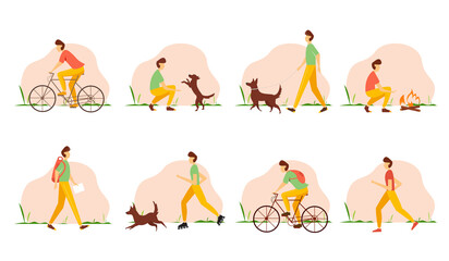 Young man doing different outdoor activities in spring. illustration on a white isolated background.