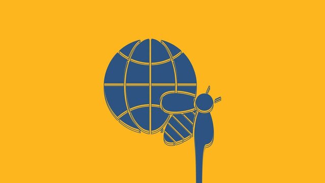 Blue Honeycomb map of the world and bee icon isolated on orange background. World bee day. Concept ecological event. 4K Video motion graphic animation