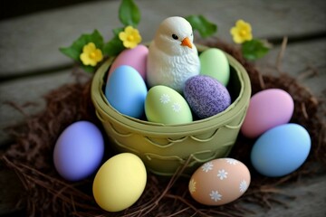 Obraz na płótnie Canvas Easter basket with eggs and chick, Generative AI