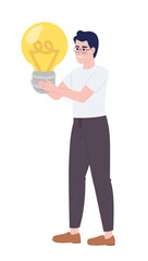 Smiling guy holding big light bulb semi flat color vector character. Startup. Editable concept. Full body person on white. Simple cartoon style spot illustration for web graphic design and animation