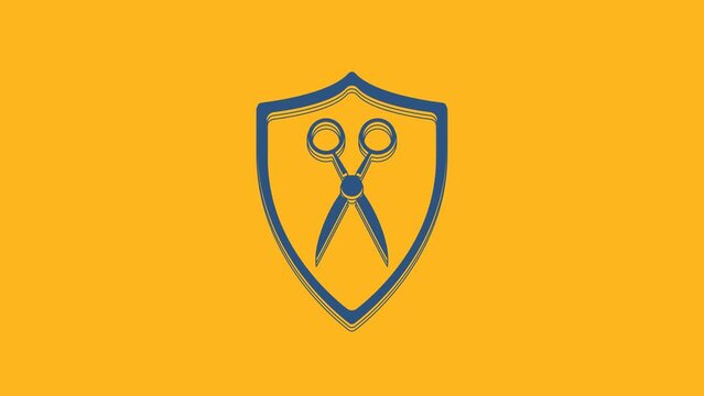 Blue Scissors hairdresser and shield icon isolated on orange background. Hairdresser, fashion salon and barber sign. Barbershop symbol. 4K Video motion graphic animation