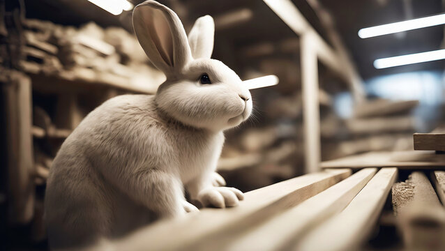 white bunny staying on some wood in the woodshop workshop, generative AI