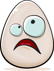 Egg character. Cartoon white egg isolated on white background. Funky food egg character with eyes and mouth. Vector white egg clip art, emoji, label and sticker