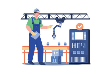 Engineer Checking Packaging Automation Process Illustration concept on white background