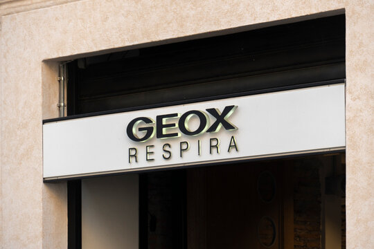 Rome, Italy - September 30, 2019: Geox store sign. Geox is an Italian brand of shoe and clothing manufactured with waterproof and breathable fabrics