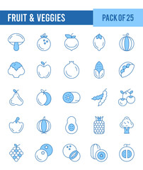 25 Fruit and Veggies. Two Color icons Pack. vector illustration.