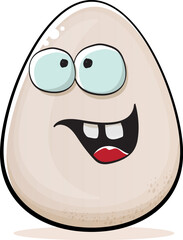 Egg character. Cartoon white egg isolated on white background. Funky food egg character with eyes and mouth. Vector white egg clip art, emoji, label and sticker