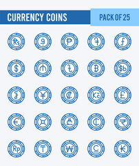 25 Currency Coins. Two Color icons Pack. vector illustration.