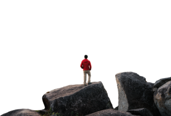 Hiker man standing on top of mountain on blank background