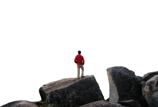 Hiker man standing on top of mountain on blank background