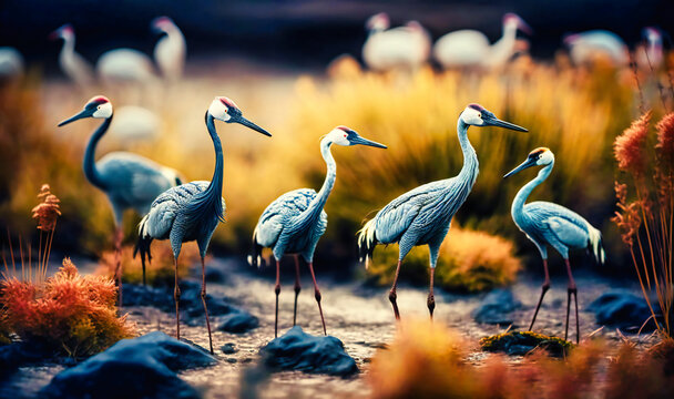 A group of cranes dancing in a wetland