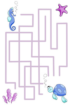 Maze game underwater life. Help the turtle find the seahorse. Cartoon vector illustration for children's entertainment on white background.