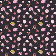 Watercolor seamless pattern with hand drawn traditional Japanese sweets. Wagashi, mochi, sakura blossom. Isolated on color background. Invitations, restaurant menu, greeting cards, print, textile