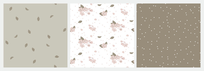 Floral vector seamless pattern with spring apple tree flowers, leaves and polka dots in decorative style on pastel colors for paper, fabric, interior decor