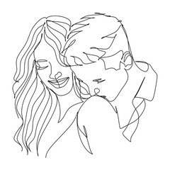 One Line Art Couple, Line Art Men and woman, Minimal Face Vector.  Couple print, Kiss print, Valentines Day Illustration. Love poster. 2 faces. 