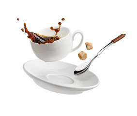 Cup of coffee with a splash drop fly with saucer and spoon on white - Powered by Adobe