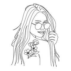 Woman face with flowers . Line art female hands with flowers . Abstract face with flowers  by one line drawing.