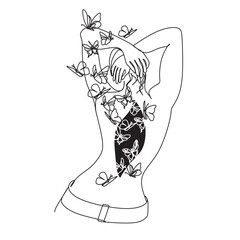 Woman face with butterfly. Line art female hands with butterflies. Abstract face with butterfly by one line drawing