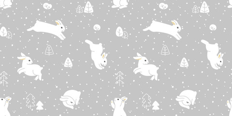 Childish seamless pattern with cute white rabbit, trees and snow on grey background in vector for surface-design, wallpaper, paper, textile