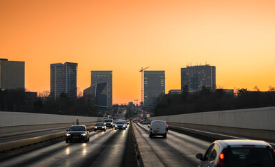 Sunrise landscape in Luxembourg city, view to Grand Duchess Charlotte Bridge landmark building. Public transportation in Luxembourg, 2023.