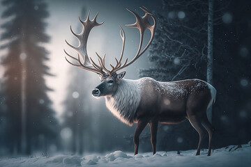 Beautiful reindeer standing in a clearing of a dark snowy forest, glacial, soft backlight. Happy Christmas deer. Generative AI.