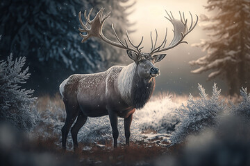 Beautiful reindeer standing in a clearing of a dark snowy forest, glacial, soft backlight. Happy Christmas deer. Generative AI.