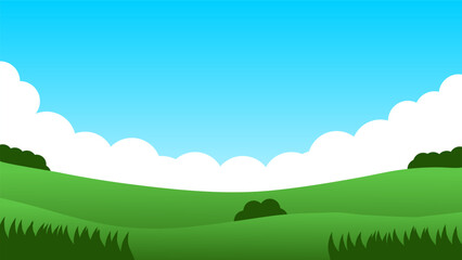landscape cartoon scene. green field with bush on hill and summer clear blue sky with white cloud